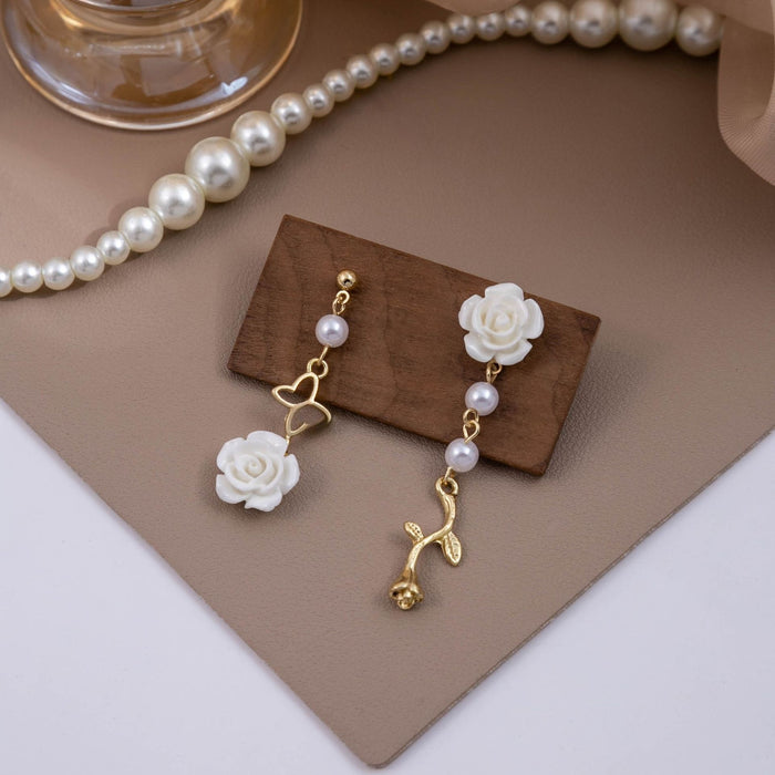 Elegant Asymmetric Rose Pearl Drop Earrings With Hollow Rhinestone Butterfly Alloy Flower Earrings