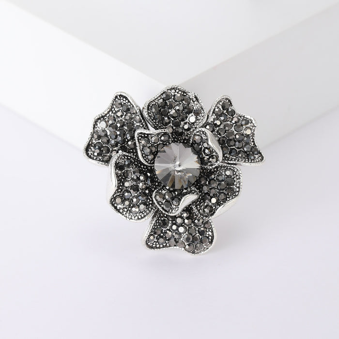 Alloy Black Flower Rhinestone Brooch Pin For Cardigans And Lapels