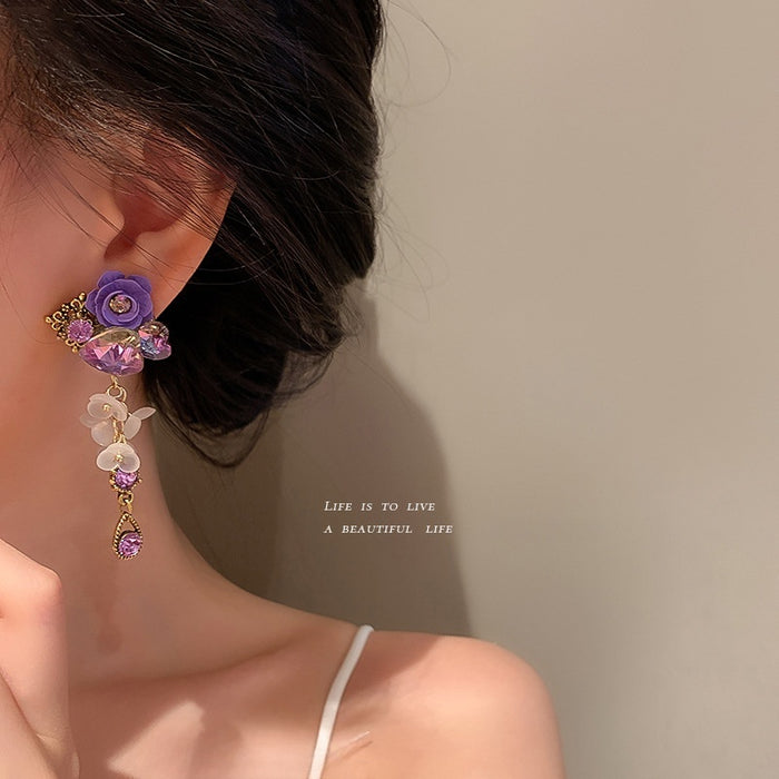 Vintage Korean Purple Flower Heart Crystal Alloy Stud Earrings For Evening Wear