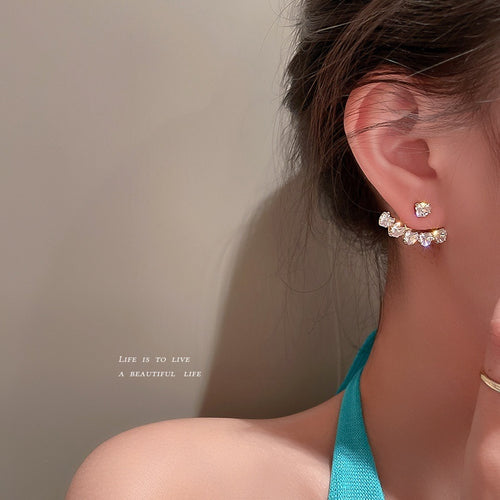 Korean Style Alloy Heart Crescent Zircon Stud Earrings With Silver Pins Two Way Design