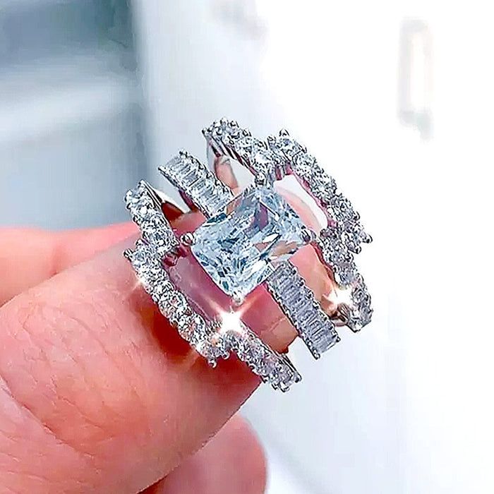 Fashion OL Full Zircon Three Piece Ring Set For Women Luxury Anniversary Celebration Jewelry