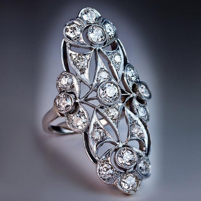 Vintage Palace Luxury Zircon Pattern Ring For Women, White Gold Plated Copper Finger Ring