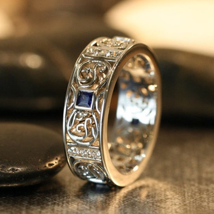 Men's Vintage Hollow Pattern Copper Ring With Blue Zircon, Retro Fashion Statement Jewelry