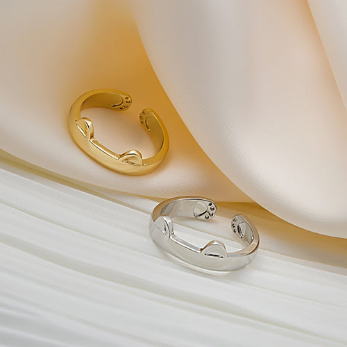 Korean Style Cute Playful Cat Ear Ring Simple Copper Animal Cat Paw Adjustable Open Finger Ring