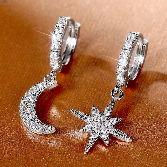 Korean Style Eight Point Star Moon Zircon Earrings For Women Birthday Gift Jewelry Accessories