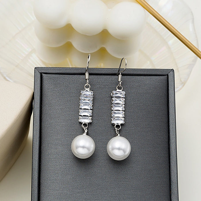 Elegant Silver Alloy Hook Drop With Stacked Zircon Crystal Bars And White Pearl Dangle Earrings