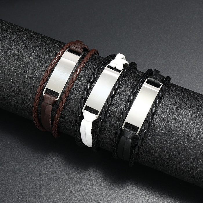 Custom Punk Braided PU Leather Bracelet With Stainless Steel Plate For Men Laser Engravable