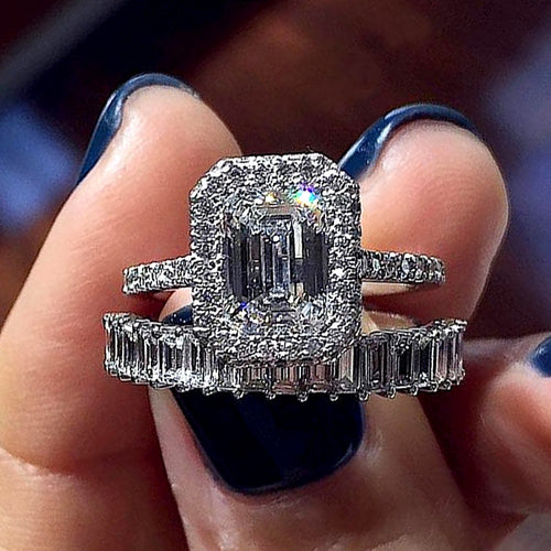 European Style Couple Ring Set With Micro Pave Zircon And Square Stone Women's Fashion Finger Ring