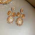 Korean Court Style Alloy Bowknot Pearl Rhinestone Water Drop Stud Earrings view 4