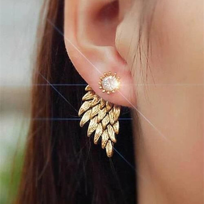Vintage 3D Angel Wing Zircon Stud Earrings For Women, Full Pave Feather Piercing Jewelry