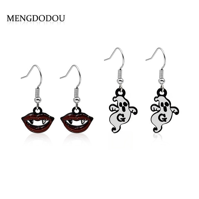 Creative Halloween Cartoon Vampire Lips And Ghost Enamel Alloy Dangle Drop Party Womens Earrings