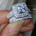 Silver Square White Zircon Full Stone Ring Set, Simple Creative Birthday Gift Jewelry For Women view 5
