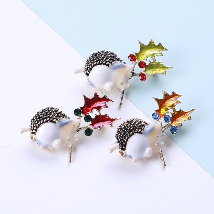 Alloy Enamel Hedgehog Brooch Pin With Leaf Design For Clothing