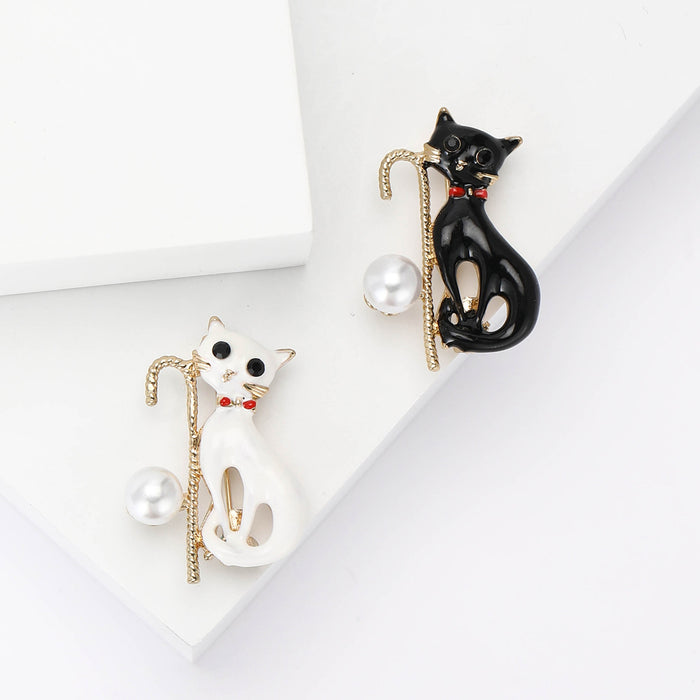 Alloy Enamel Cane Cat Brooch Pin For Shirts And Blazers