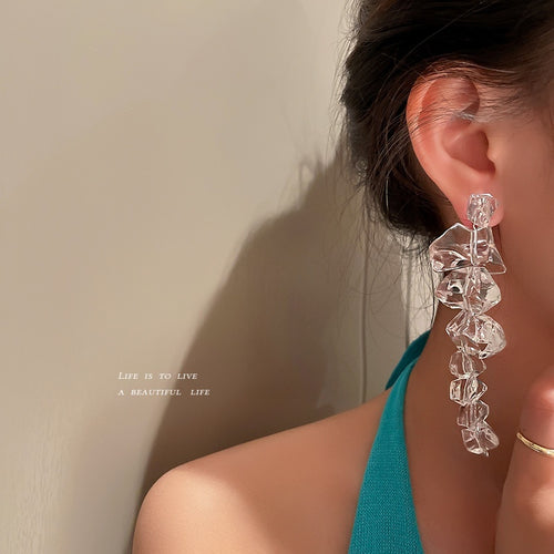 Retro Korean Irregular Acrylic Ice Cube Drop Earrings With Silver Pins Geometric Long Statement Style