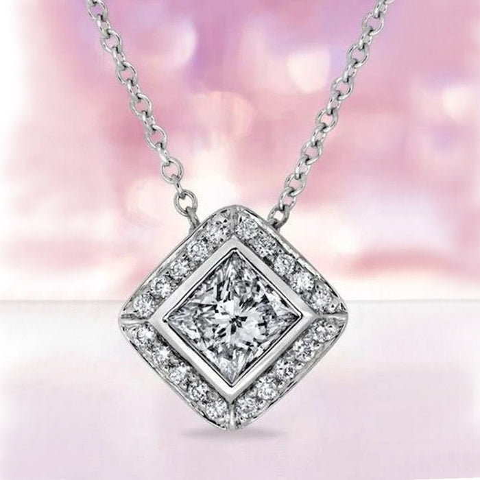 Elegant Rhombus Zircon Pendant Necklace For Women, Full Stone Fashion Clavicle Chain
