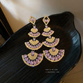 Vintage Alloy Rhinestone Fan Shaped Stud Earrings, Palace Style Irregular Statement Jewelry view 3