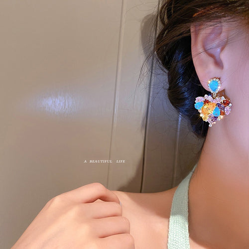 Vintage Alloy Heart Waterdrop Rhinestone Drop Earrings With Silver Posts For Women