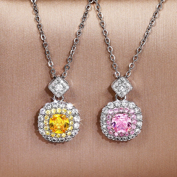 Princess Cut Pink Pave Zircon Pendant Necklace For Women, Fashion Versatile Collar Chain