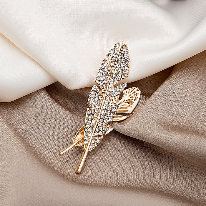 Korean Wedding Suit Lapel Pin Simple Rhinestone Leaf Feather Brooch Decorative Badge Pin