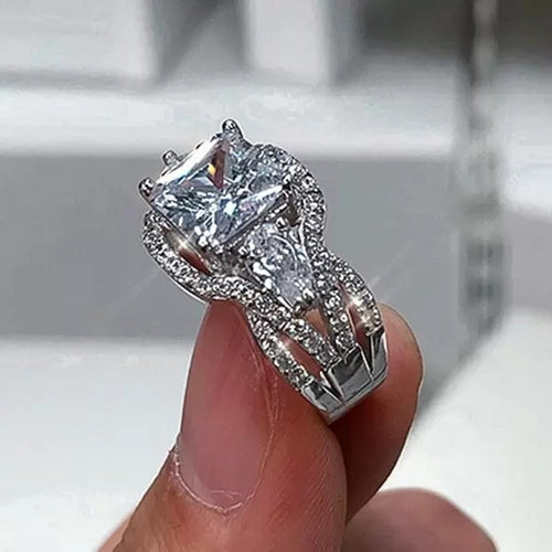 9mm Princess Cut Zircon Engagement Ring For Women, European Inlaid Bridal Jewelry