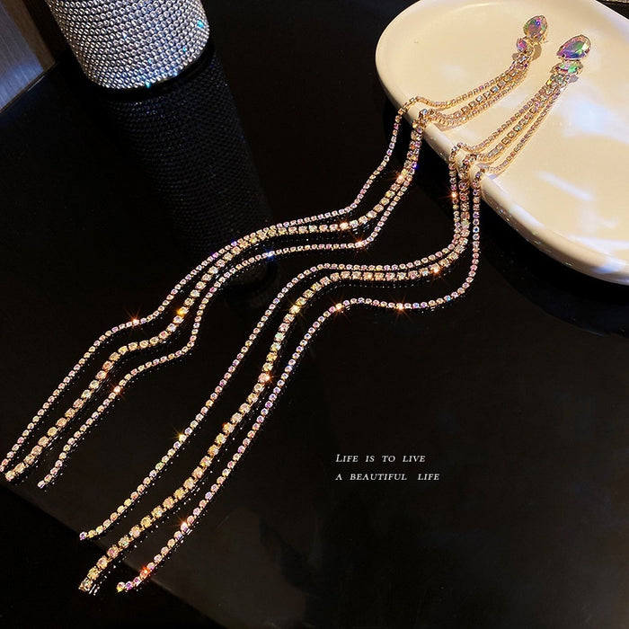 Vintage Alloy Geometric Rhinestone Tassel Extra Long Drop Earrings With Silver Posts