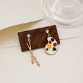 Vintage Artistic Asymmetric Paint Brush And Paint Palette Enamel Alloy Rhinestone Stud Drop Earrings view 1