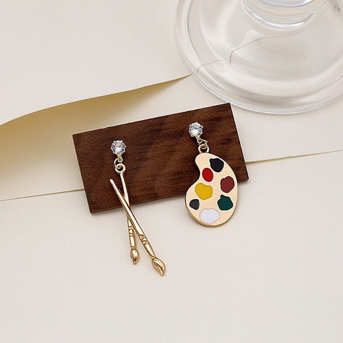 Vintage Artistic Asymmetric Paint Brush And Paint Palette Enamel Alloy Rhinestone Stud Drop Earrings