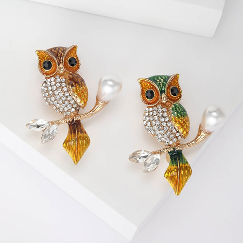 Enamel Rhinestone Owl Brooch Pin For Suits Sweaters Cardigans