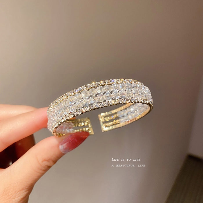 Korean Style Open Bangle With White Glass Beads Alloy Geometric Light Luxury Bracelet
