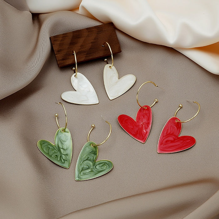 Candy Color Enamel Big Heart Hoop Dangle Earrings For Women Elegant Alloy Silver Needle Earrings