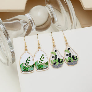 Japanese Green Cactus Plant Enamel Alloy Polygon Terrarium Drop Dangle Light Luxury Earrings