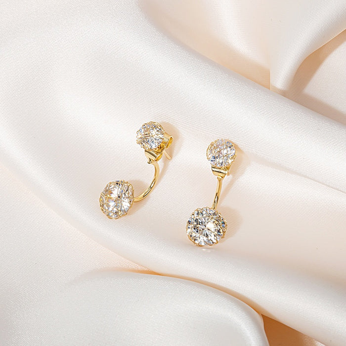 Luxury Korean Style Hollow Wrapped Zircon Crystal Ball Gold Alloy Curved Bar Stud Drop Earrings