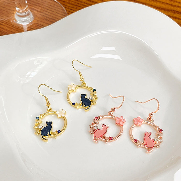 Elegant Korean Enamel Cat In Floral Circle Hoop Alloy Rhinestone Pearl Dangle Earrings