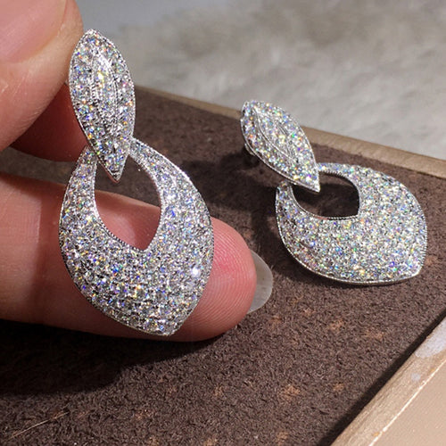 Luxury Hollow Teardrop Earrings Full Pave Zircon Sparkling Bridal Drop Earrings For Women
