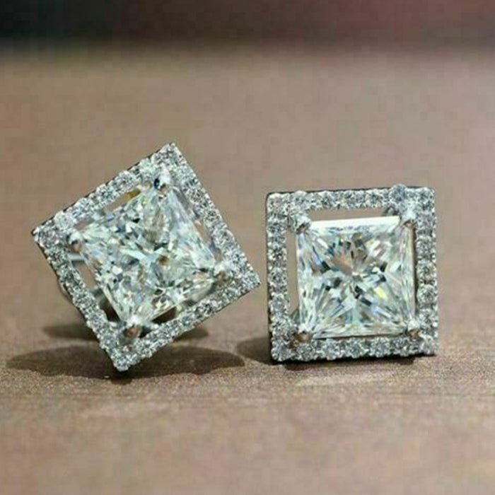 Minimalist Square Micro Pave Cubic Zirconia Stud Earrings, Small Fashion Ear Jewelry