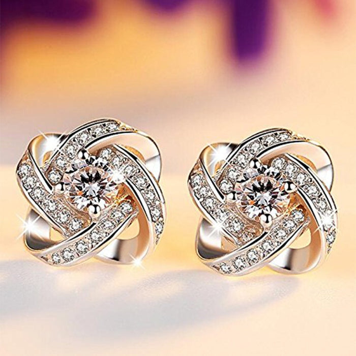 Korean Crystal Flower Stud Earrings Rotating Clover Zircon Earrings For Women Fashion Ear Jewelry