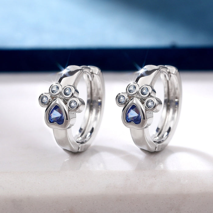 Korean Style Cute Cat Paw Blue Zircon Ear Cuff Earrings, Sweet Student Christmas Jewelry