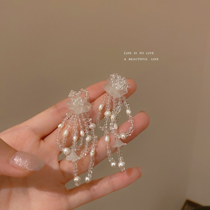 Korean Style Acrylic Pearl Flower Bow Transparent Long Drop Earrings For Women