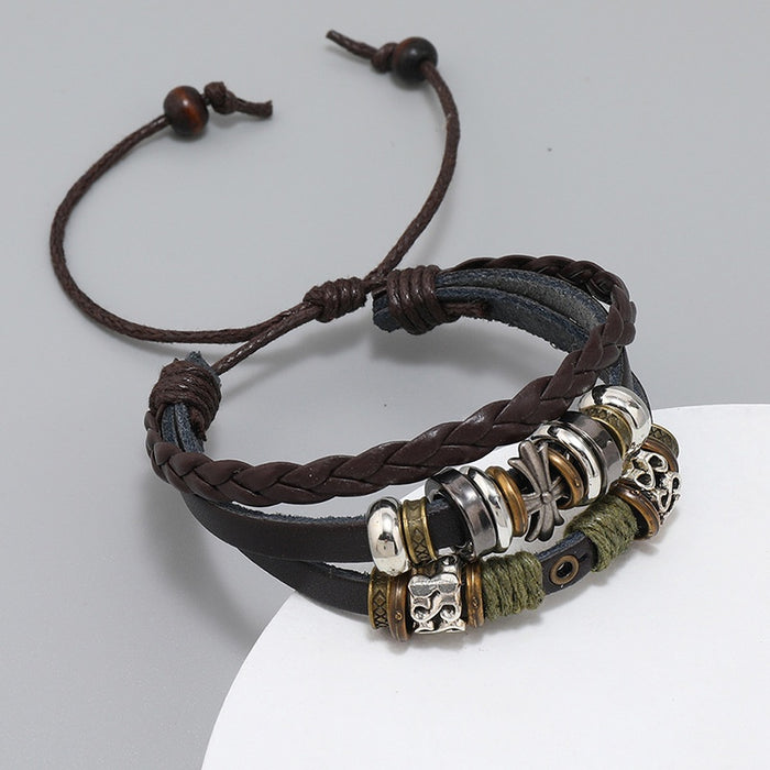 New Personalized Beaded Five Point Star Leather Bracelet, Simple Multi Layer Fashion Wristband