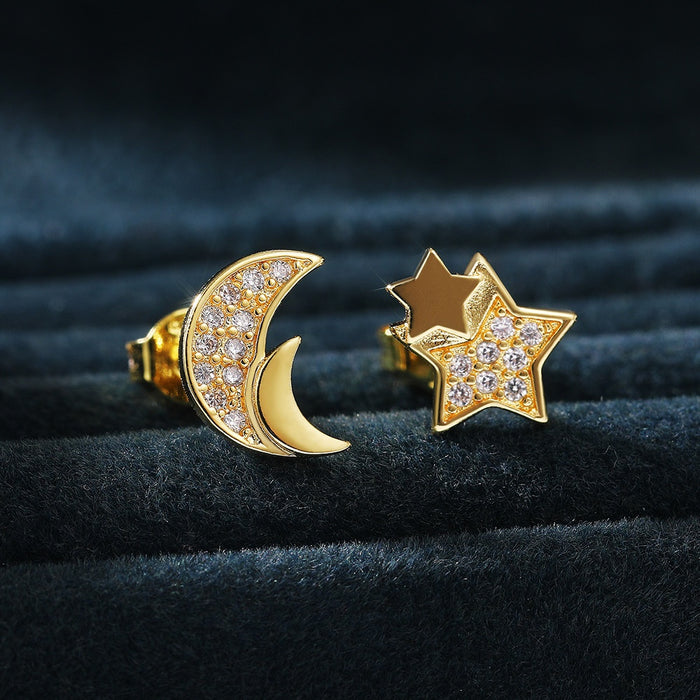 Creative Asymmetric Star And Moon Stud Earrings For Women, Elegant Fashion Jewelry Accessories