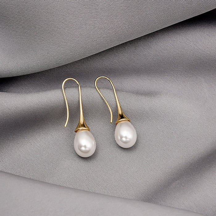 Elegant Vintage Gold Alloy Teardrop Hook White Pearl Drop Dangle For Women Fashion Earrings