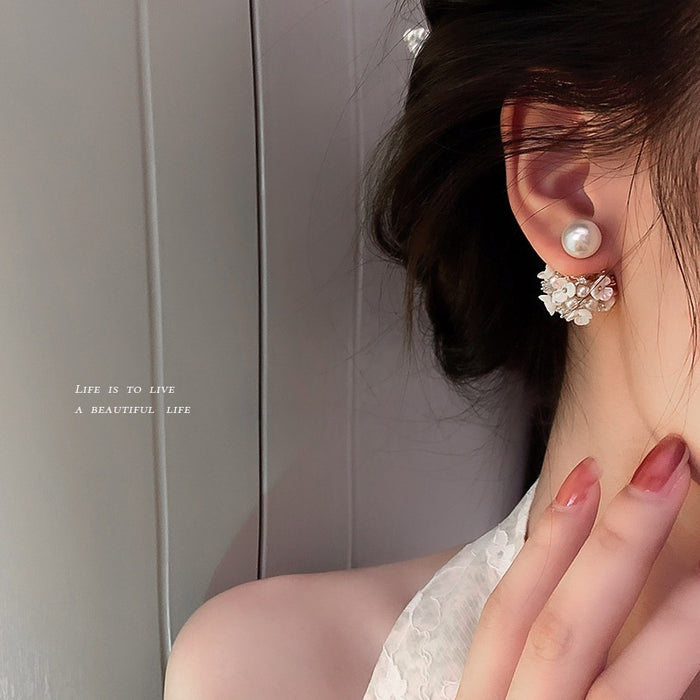 French Vintage Alloy Zircon Pearl Flower Shell Ball Stud Earrings With Elegant Shell Bead Design