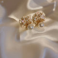 French Vintage Alloy Zircon Pearl Flower Shell Ball Stud Earrings With Elegant Shell Bead Design view 2