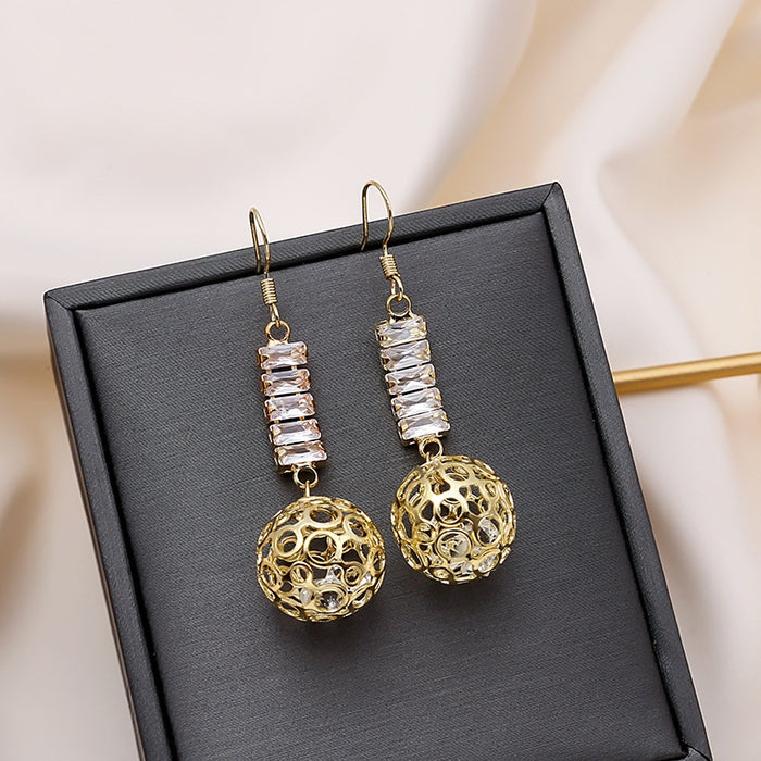Elegant Korean Style Micro Inlaid Crystal Bar Hollow Gold Wire Ball Drop Earrings
