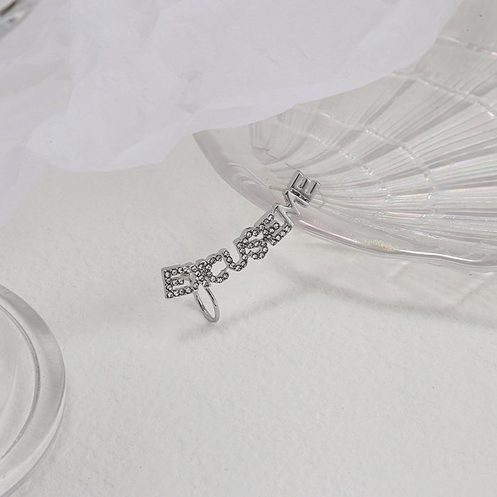 Luxury Silver Needle Asymmetrical Rhinestone Letter Symbol Ear Cuff Stud Single Fashion Earrings