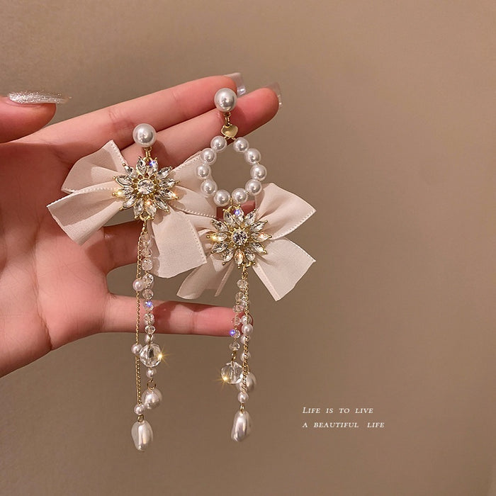 Alloy Artificial Crystal Bow Tassel Asymmetric Drop Earrings For Women Statement Light Luxury