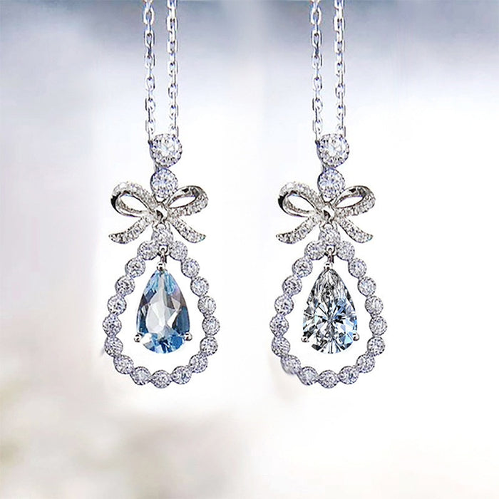 Korean Bowknot Collarbone Necklace Cute Women's Pendant With Simulated Diamond Teardrop Charm