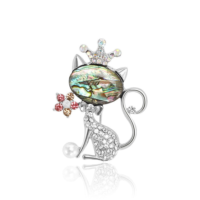 Alloy Rhinestone Shell Cat Brooch Pin For Women's Coat Accessories