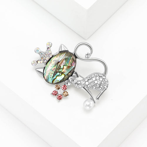 Alloy Rhinestone Shell Cat Brooch Pin For Women's Coat Accessories